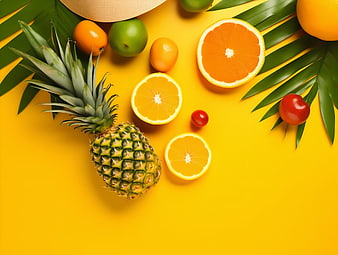 Tropical Fruit Flat Lay on Yellow Background with Copy Space