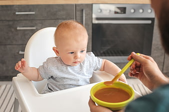 Baby in High Chair Being Fed Puree in Modern Kitchen