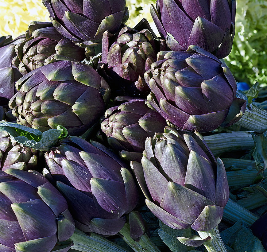 Fresh Purple Artichokes Piled at Outdoor Market