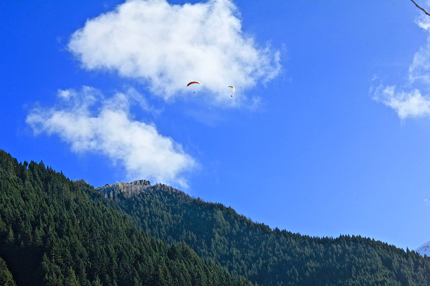 Paragliders soaring above green mountain forest