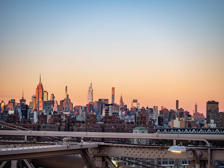 Manhattan Skyline at Sunset from Brooklyn Bridge