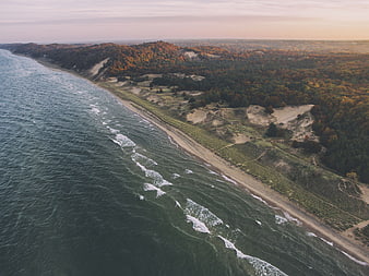 Aerial View of Autumn Coastline with Forest and Ocean Waves