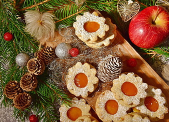 Christmas Linzer Cookies with Pine Branches and Apple