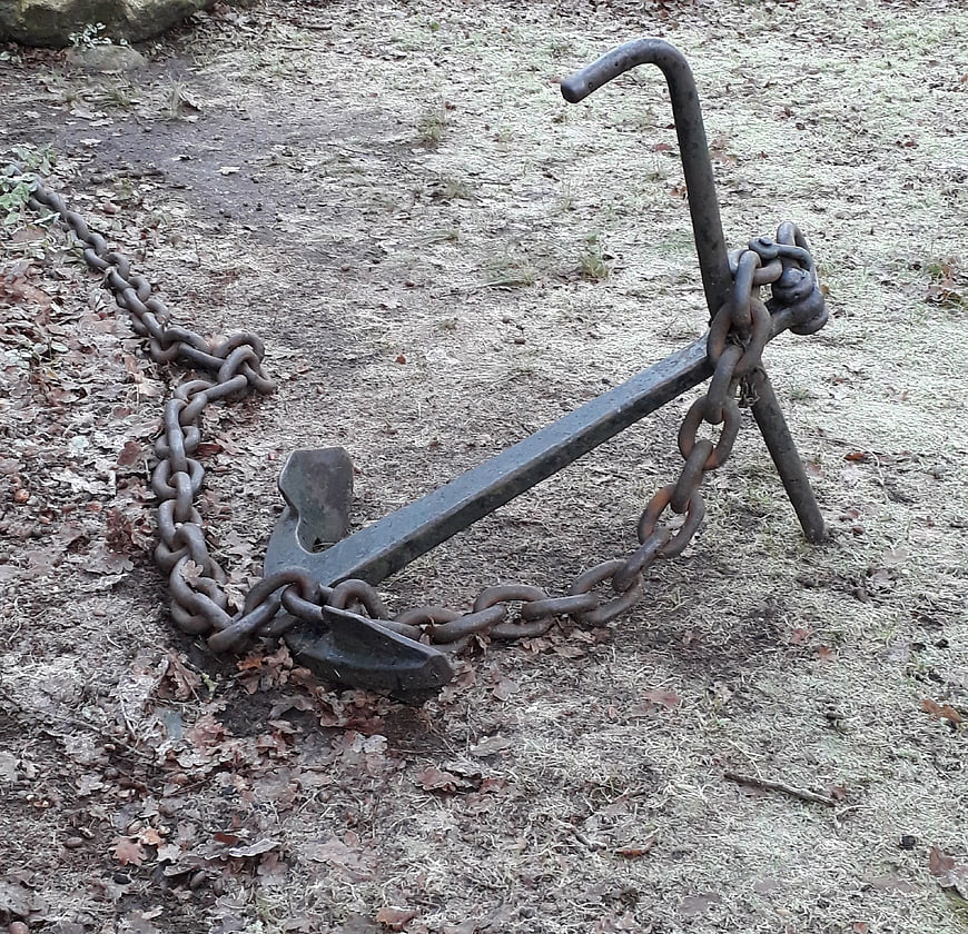 Rusty Anchor and Chain on Ground