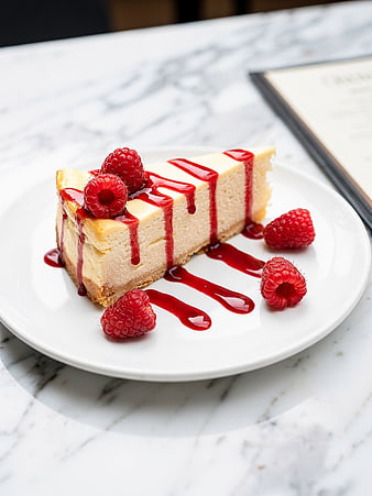 Raspberry Cheesecake Slice on White Plate