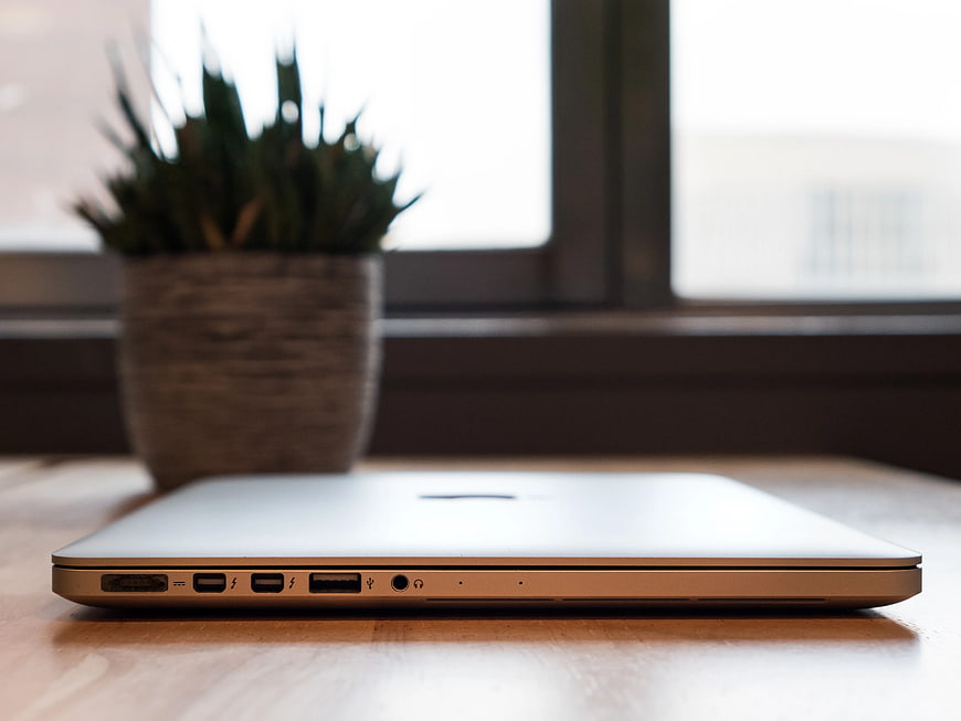 Side View of Silver Laptop on Wooden Desk with Blurred Plant