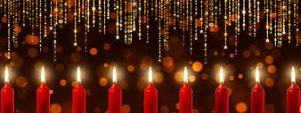 Festive Red Candles With Golden Bokeh And Hanging Lights