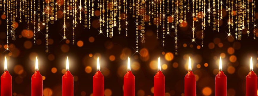 Festive Red Candles With Golden Bokeh And Hanging Lights