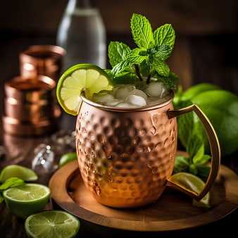 Moscow Mule Cocktail in Copper Mug with Mint and Lime