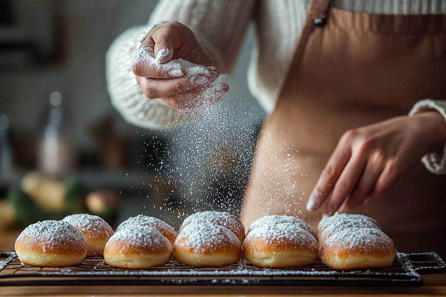 Baker Sprinkling Powdered Sugar on Fresh Homemade Doughnuts