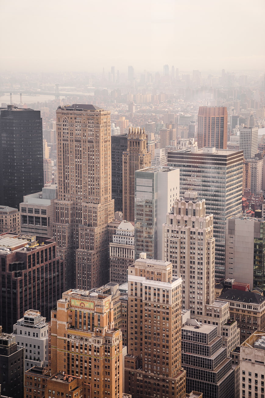 Hazy Aerial View of New York City Skyscrapers and Urban Skyline