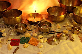 Tibetan Singing Bowls and Meditation Stones on Cloth