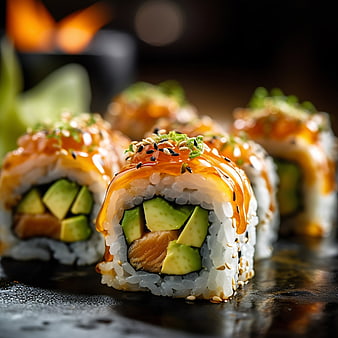 Close-up of delicious sushi rolls with salmon and avocado