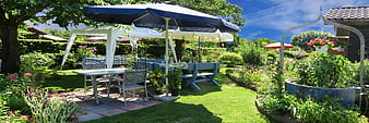 Sunny Garden Party Setup with Tables and Umbrellas