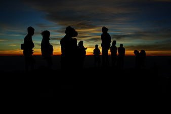 Silhouettes of a group of people watching a sunset