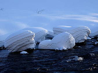 Snow-covered rocks in a flowing winter river