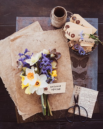 Vintage Spring Floral Flat Lay with Daffodils and Craft Supplies