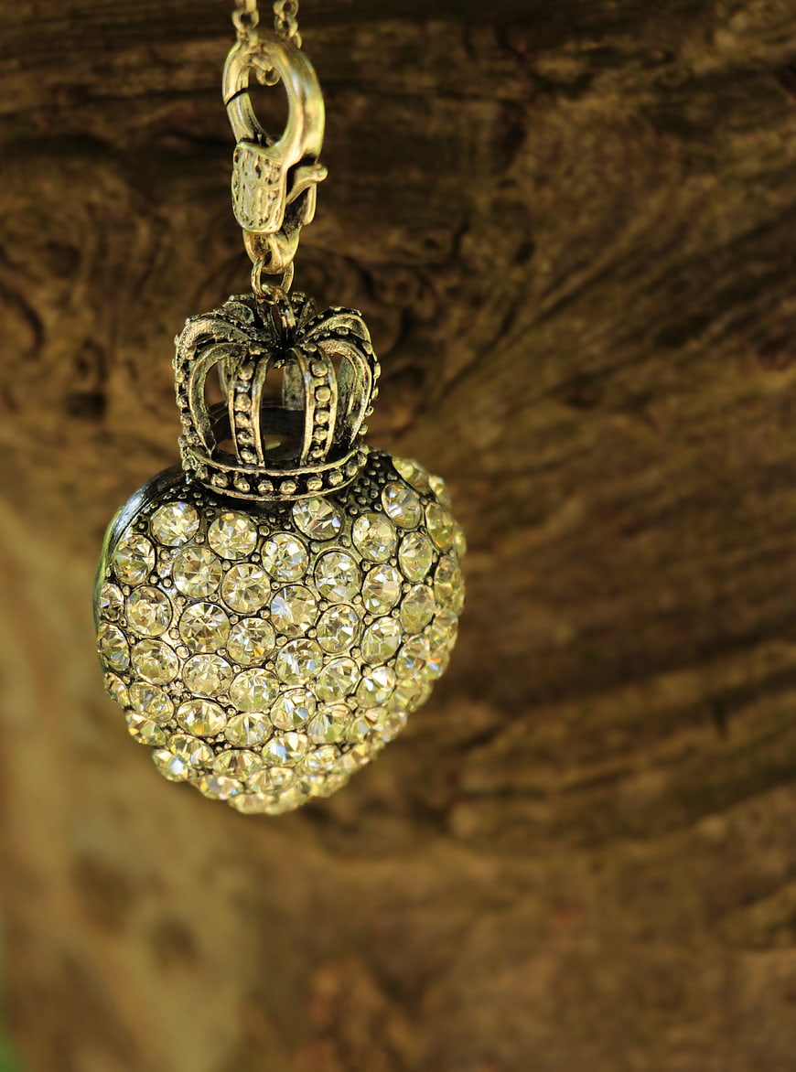 Rhinestone Heart Pendant with Crown on Tree Bark