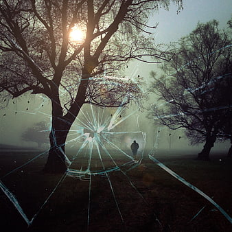 Silhouette of man walking in foggy forest with cracked glass overlay