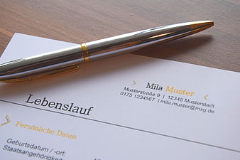 German CV with Pen on Wooden Desk