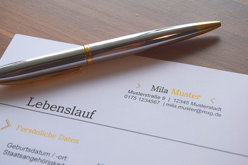 German CV with Pen on Wooden Desk