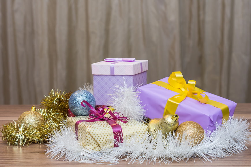 Festive Christmas Gift Boxes With Gold And Silver Ornaments