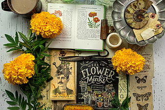 Vintage Flat Lay with Marigolds, Botanical Book, and Garden Tools