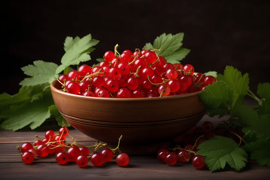 Fresh Red Currants in Wooden Bowl on Dark Table