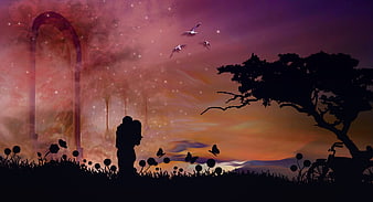 Romantic couple silhouette in dreamy fantasy landscape with stars