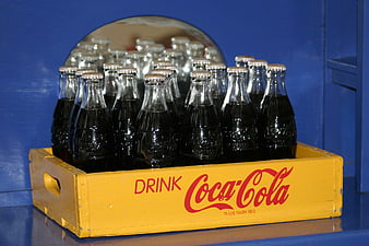 Vintage Yellow Coca-Cola Crate With Glass Bottles