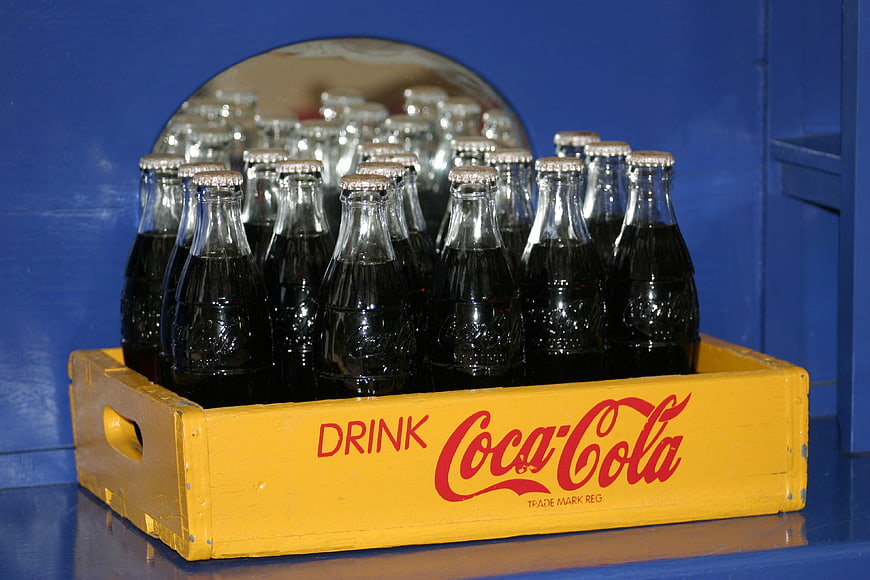 Vintage Yellow Coca-Cola Crate With Glass Bottles
