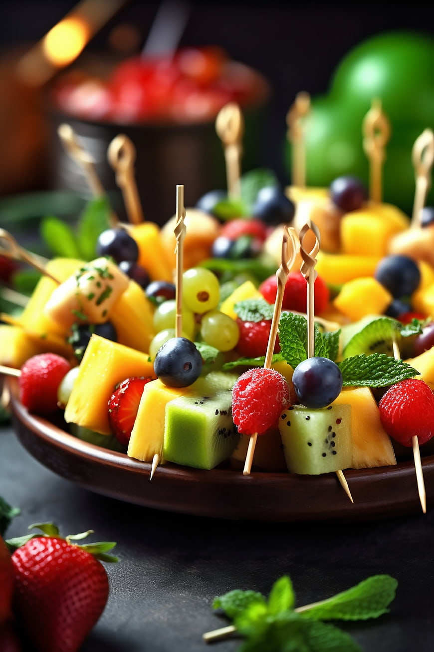 Colorful Fresh Fruit Skewers on Wooden Plate