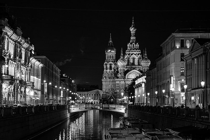 Black and white night view of Church of Savior on Spilled Blood, St. Petersburg