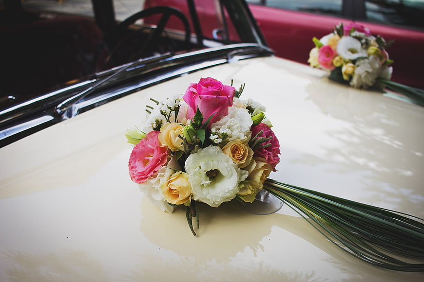 Wedding Bouquets on Vintage Cream Car Hood
