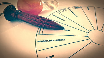 Wooden pendulum and crystal on a spiritual dowsing chart