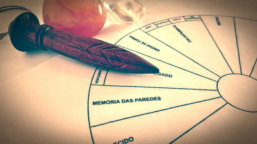 Wooden pendulum and crystal on a spiritual dowsing chart