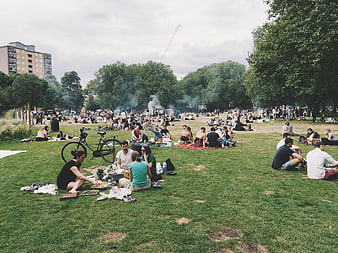 Crowd Picnicking in Urban Park on Overcast Day