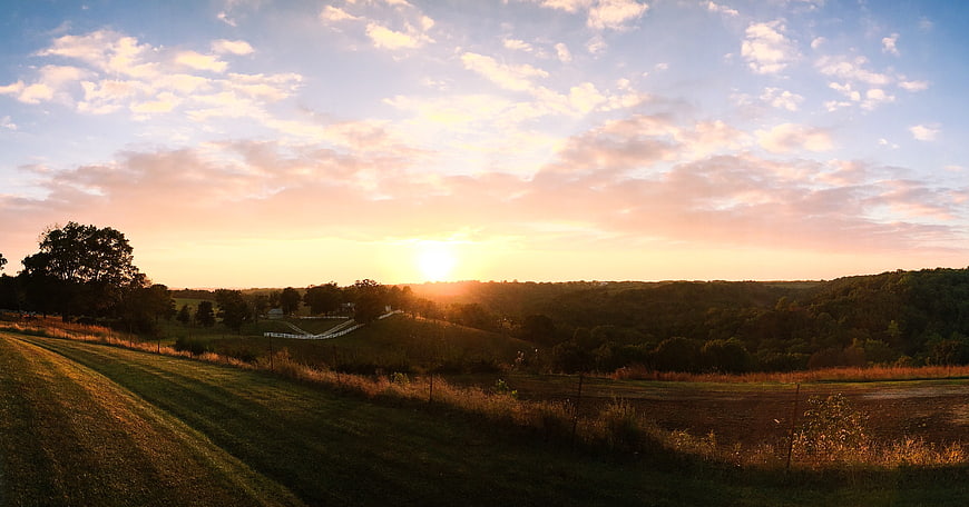 Golden Sunrise Over Rolling Green Hills and Pastoral Landscape