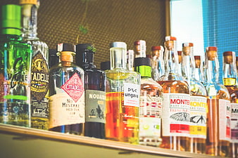 Assorted Craft Gin and Liquor Bottles on a Bar Shelf