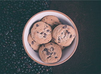Top View of Chocolate Chip Cookies in Bowl with Coffee Beans