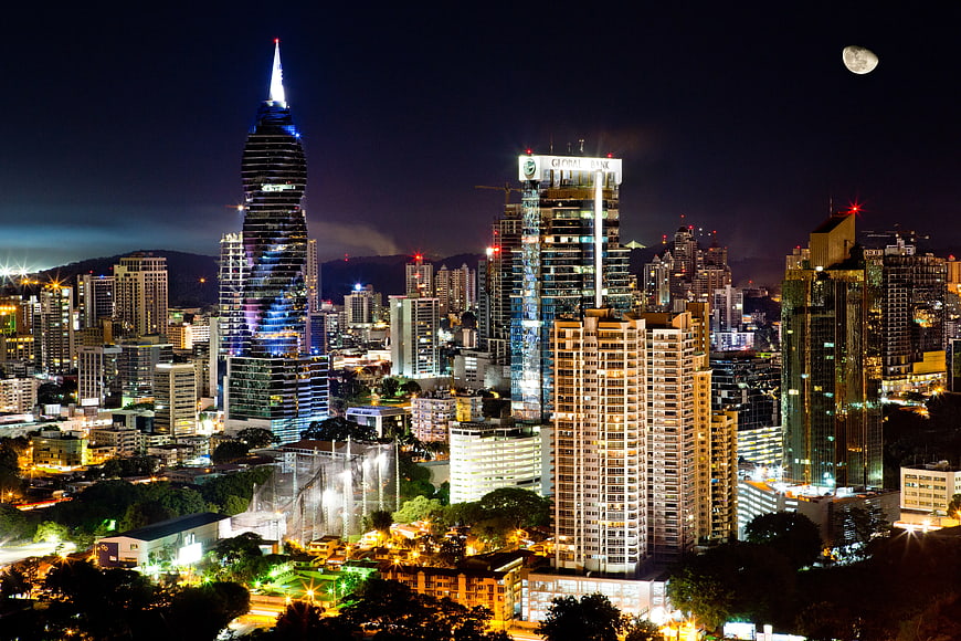 Manila Skyline at Night with Moon and City Lights