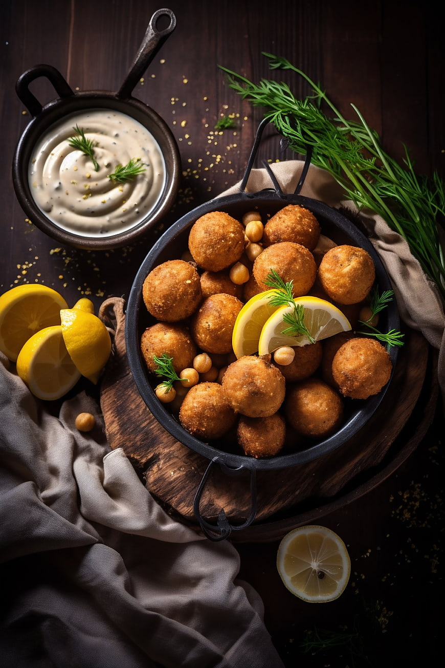 Fried falafel balls with lemon and dipping sauce on dark wood