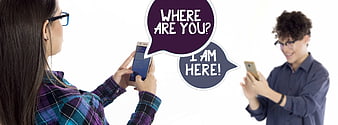 Young couple texting on smartphones with speech bubbles
