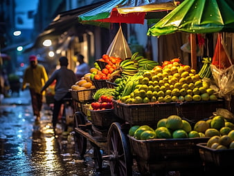 Colorful fruit cart on wet street at night