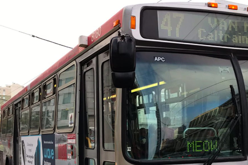 Public Transit Bus with Meow Sign in Windshield
