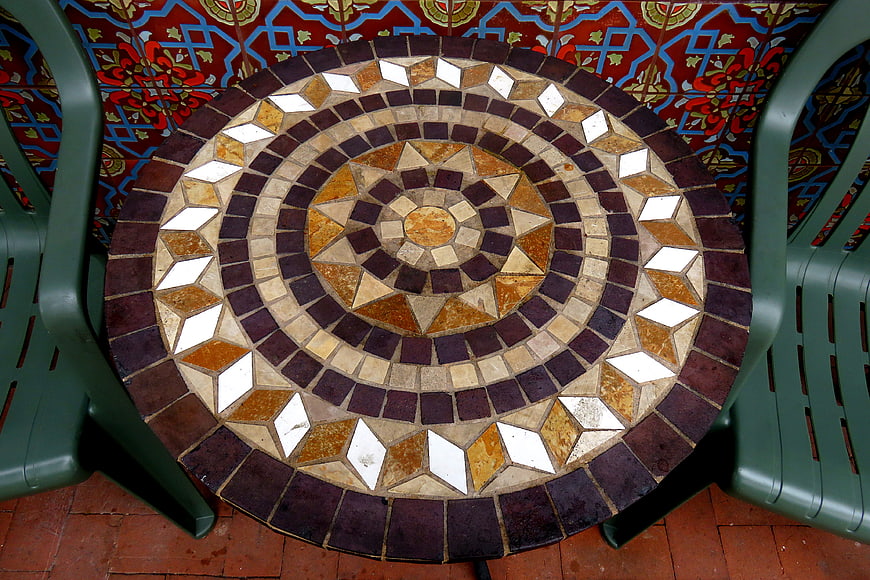 Top View of Decorative Mosaic Tile Table with Geometric Pattern