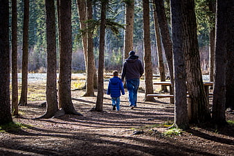 Father and son hiking together on a forest trail in autumn