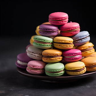 Colorful macarons stacked on a dark plate