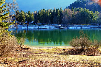 Serene Alpine Lake with Emerald Water and Forest Reflections