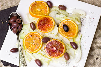 Fennel and Orange Salad with Kalamata Olives on White Plate